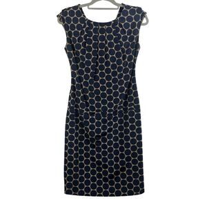 Polka Dot Lela Rose Tan Navy Sheath Dress Size 2 Drop Waist Classic Preppy Silk